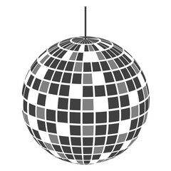 Disco club mirrorball icon. Shining nightclub sphere. Dance music party discoball. Glitterball in retro discotheque style. Nightlife symbol isolated on white background