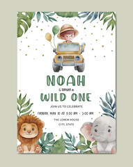 Birthday invitation safari theme watercolor template background © Yuni