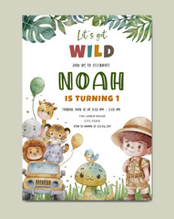 Birthday invitation safari theme watercolor template background © Yuni