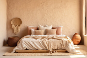 This bedroom blends bohemian elegance with contemporary design, showcasing terra cotta pillows and...