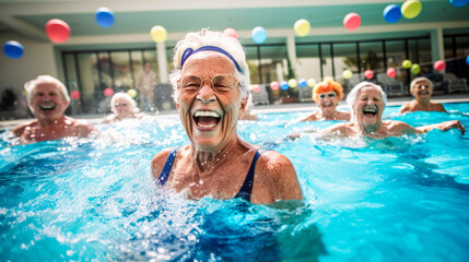 Fototapeta premium Cheerful seniors in swim caps, goggles pour out infectious laughter during group fitness class in sunlit pool, demonstrating joy, community spirit of active retirement age. Promoting health of seniors