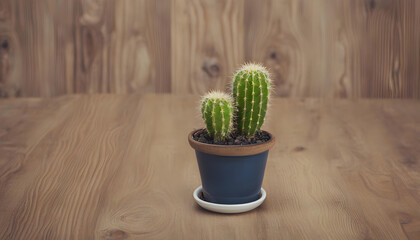 cactus in a blue mud pot in the light brown wooden background