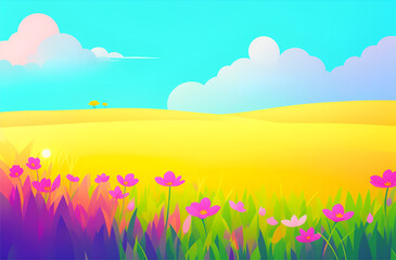 Fototapeta na wymiar Cartoon illustration shows a field of flowers in full bloom