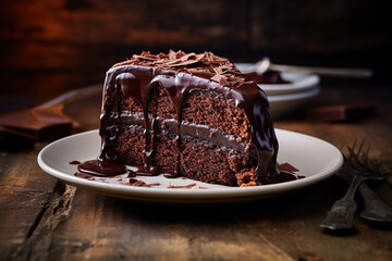 Rich moist chocolate cake with a dripping chocolate glaze and chocolate shavings, close up