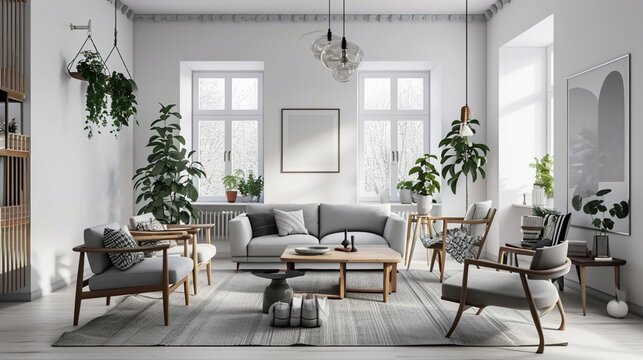 Comfortable grey furniture with wooden shelving . Generative Ai