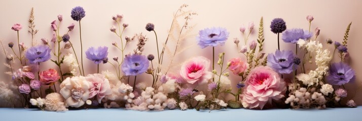 Fototapeta na wymiar Floral border, assorted garden flowers background, romantic pink backdrop, flat lay, top view