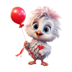 cute chicken,Holding a colorful heart shaped balloon in hand