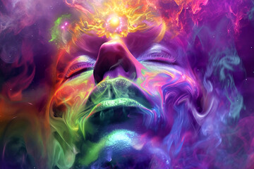 abstract hippy smoking, with universe coming out of his crown chakra, rainbow colours - obrazy, fototapety, plakaty