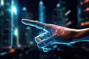 AI finger touches futuristic digital icon in AI city.