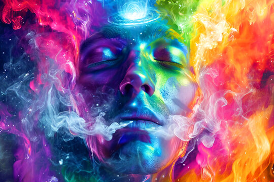 abstract hippy smoking, with universe coming out of his crown chakra, rainbow colours