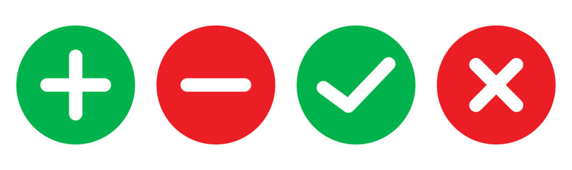 Set of plus, minus, check and cross line icons with red and green color - obrazy, fototapety, plakaty