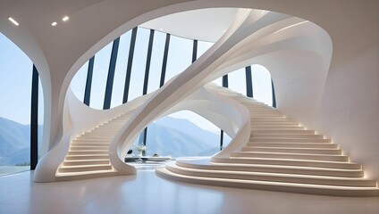 grand staircase, modern, minimalist, design, light, open-plan, creative, sharp. generative AI