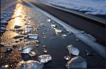 Close up photo with the asphalt covered with ice after a freezing rain in the winter morning from Generative AI