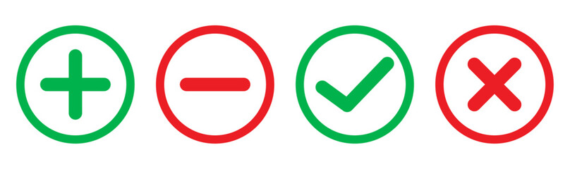 Set of plus, minus, check and cross line icons with red and green color