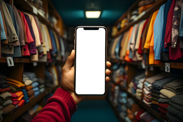 Hand holding a mobile phone in background of a thrift store. Smartphone mockup with transparent screen . Generative AI