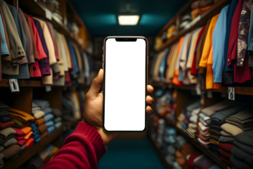 Hand holding a mobile phone in background of a thrift store. Smartphone mockup with transparent screen . Generative AI