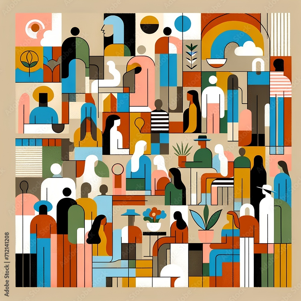 Poster an abstract illustration featuring a vibrant tapestry of stylized human figures in various colors an