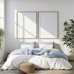 Double wall frames mockup - Blank wall frame mockup in bedroom
