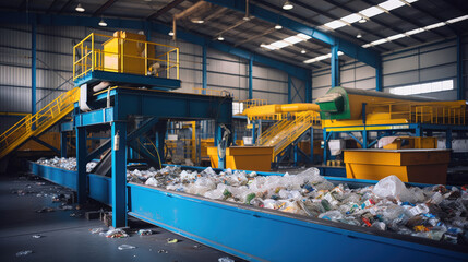  recycling industry, recycling plant conveyor belt transports garbage - obrazy, fototapety, plakaty