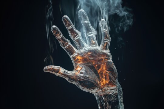 Human hand touching artificial glass hand