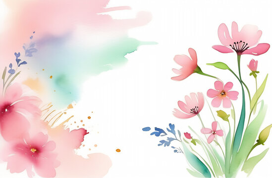 free space for text, spring flowers on the left side, free space 2/3 of the background on the right, pastel pink background