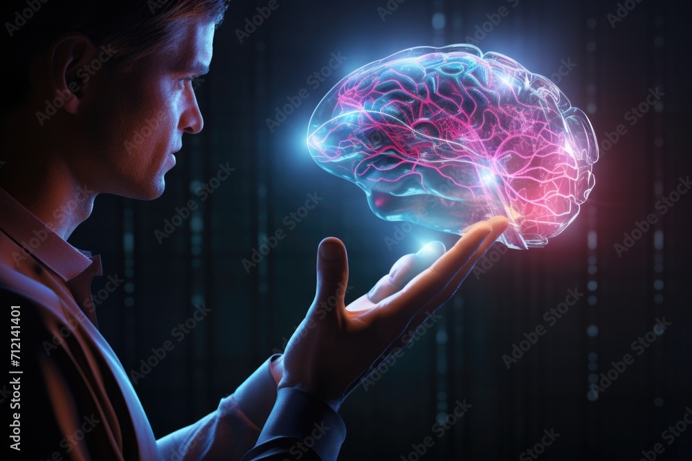 Poster man touching glowing polygonal brain virtual reality artificial intelligence concept.