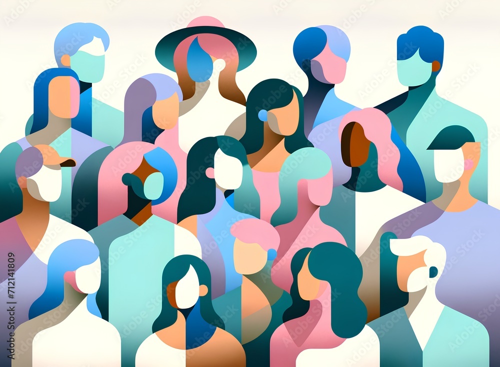 Poster an abstract illustration featuring a vibrant tapestry of stylized human figures in various colors an