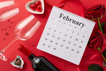 Foto op Aluminium Love is near: Top view of February calendar, chocolate treats, wine bottle, glasses, roses, silk ribbon, and confetti on a passionate red background. Create your Valentine's message © ActionGP