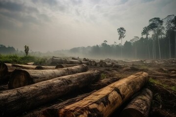 Deforestation impacting forests and contributing to global warming by cutting trees for industry. Generative AI
