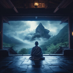 Tranquil Rooftop Meditation: Monk in Cinematic Mountain Rain