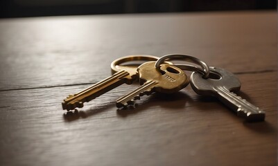 Keys on the table in a new apartment or hotel room. Mortgage, investment, rent, real estate, property concept.