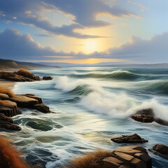 Obraz premium Ocean Waves and Sea Rocks in a Serene Beach Cove