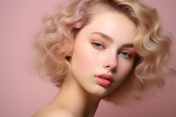 Naklejka premium Wedding Birdal inspired, Blonde beautiful lady banner pink background, Beauty tips for girls, wedding makeup, subtlety, banner with copy space