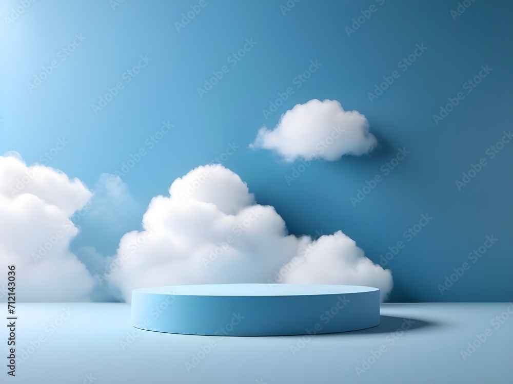 Wall mural blue podium with white clouds on sky background. 3d rendering illustration with copy space for mock 