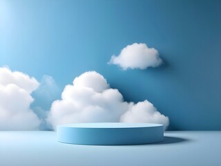 Blue podium with white clouds on sky background. 3D rendering illustration with copy space for mock up, display, showcase, backdrop, product placement