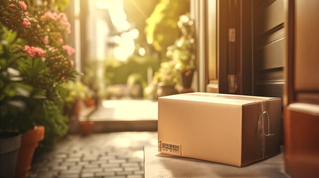 cardboard parcel box delivered at front door, front view, online