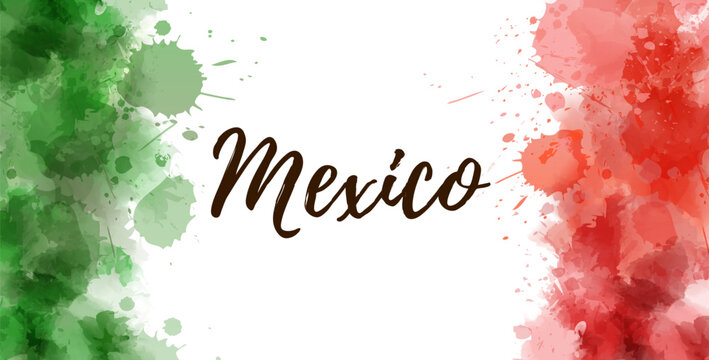 Abstract watercolor splashes in Mexico flag colors. Template for Mexican national holidays background. Abstract painted flag of Mexico.