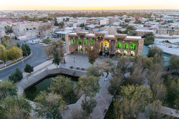 Top View. Exterior of Bolo Hauz Mosque in Bukhara, Uzbekistan, Central Asia