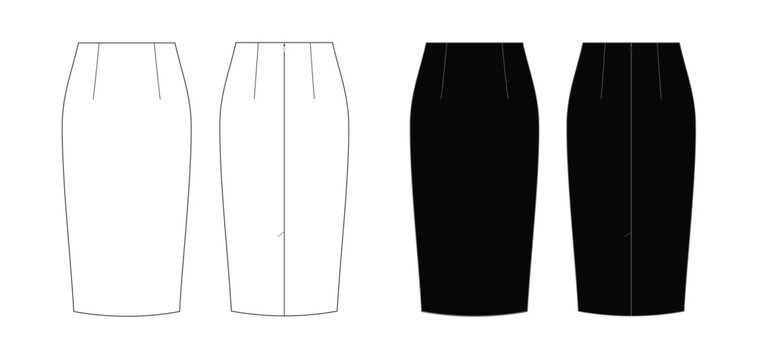 Vector fashion technical drawing of a pencil skirt with front and back view in white and black version. No waistband. Hidden zipper at the center back. Back vent. Woven fabric.