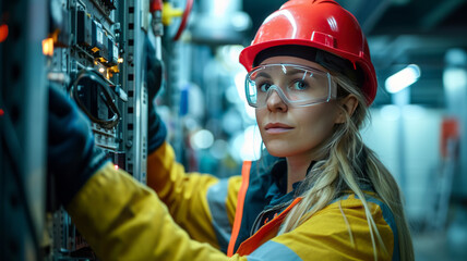 Female commercial electrician at work on a fuse box in factory, adorned in safety gear,genertative ai