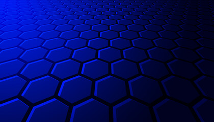 abstract technology background with hexagons floor and perspective view. dark blue background and copy space