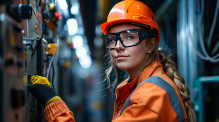 Female commercial electrician at work on a fuse box in factory, adorned in safety gear,genertative ai