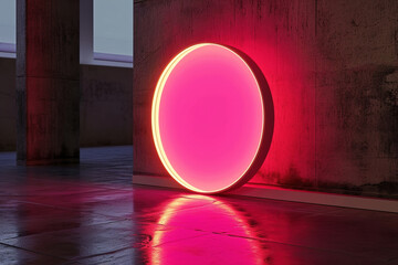 Stylish round pink neon signboard mounted against a weathered concrete wall, casting a warm glow on the floor with space for text, ideal for bold messaging.