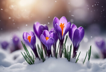 Emergenza di Primavera- Bellissimi Crochi Spuntano Attraverso la Neve, I Primi Fiori della Primavera