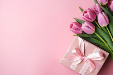 valentines day  . giftbox with ribbon bouquet of tulips on pink background. mothers day