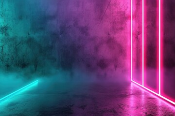 Cyberpunk-inspired room with neon pink and blue lights on textured walls, perfect for atmospheric backgrounds or vibrant graphic designs. Copy space for text.