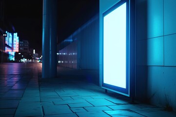 Urban night setting with a glowing blue neon-lit signboard on a dark sidewalk, providing a...