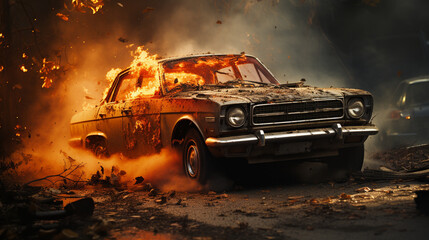 Crash, burning car on the road - obrazy, fototapety, plakaty