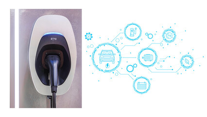 EV charging and electric car, Electric car charging station for charge EV battery, Plug for vehicle...