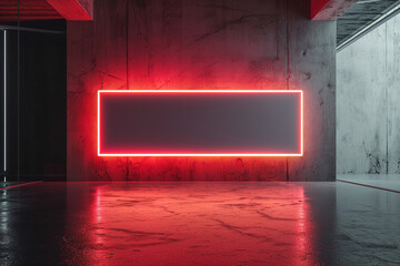 Empty rectangular, minimalist frame illuminated by vibrant red neon lighting, set against grungy wall with ample space for text. Perfect for event visuals, promotional content.